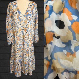 NWT Joie Maxi Midi Dress Long Sleeve Printed Blue Flowy V-Neck Oversized Boho